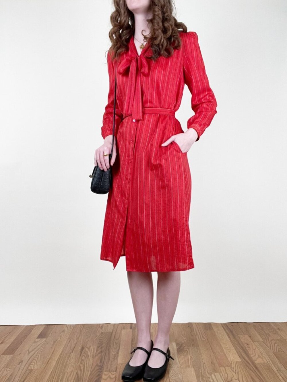 Vintage Parisian Pussy Bow Shirt Dress Midi Long Sleeves Academia Preppy Office